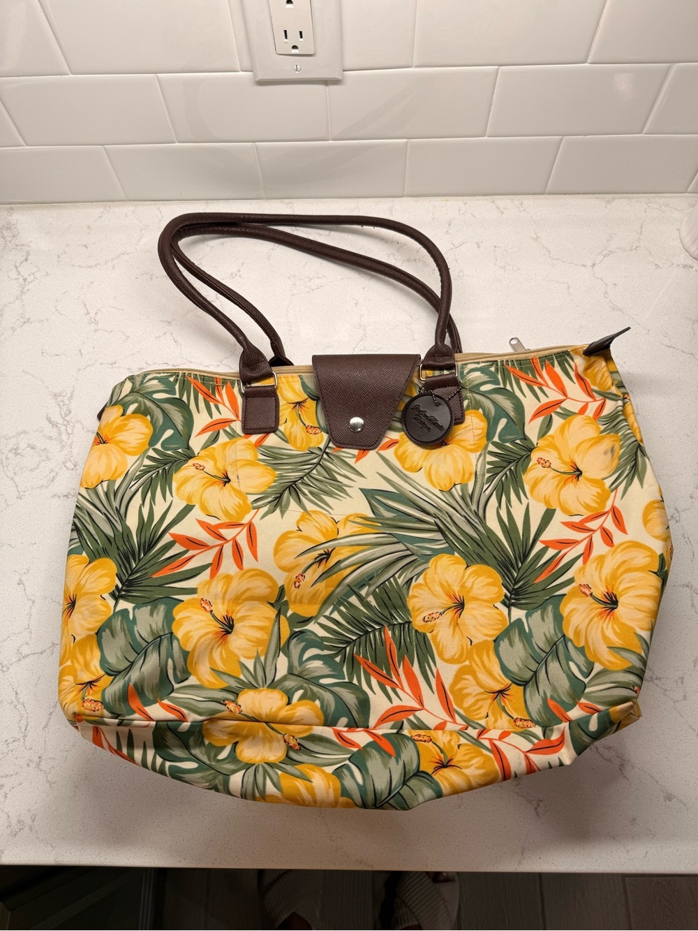 Yellow Floral Tropical Tote with Brown Handles